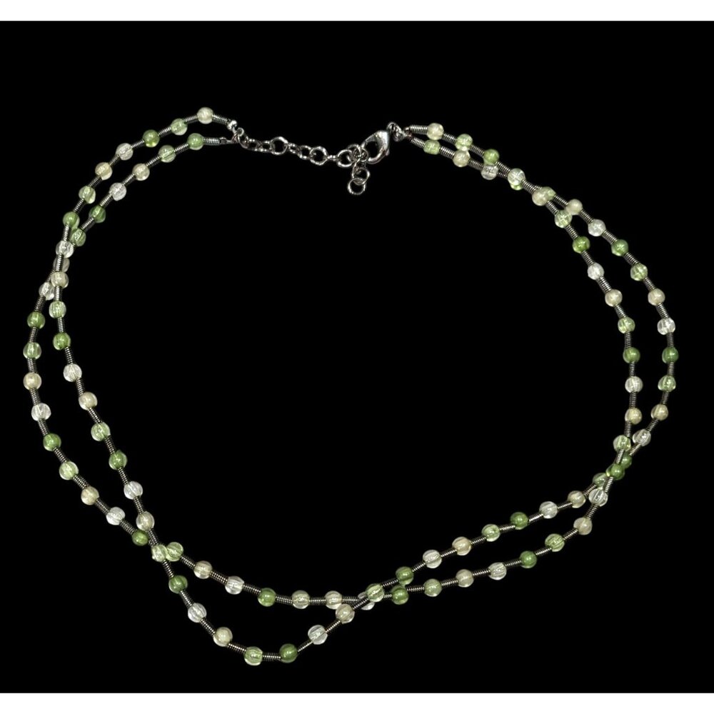 Earthy Clear And Green Glass Necklace With Metal Coil Spacers